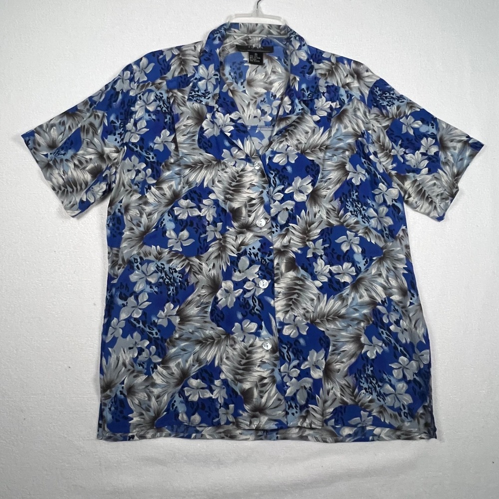 FU DA 100% Silk Size PL Button Up Short Sleeve Blouse Top Blue‎ Hawaiian Floral